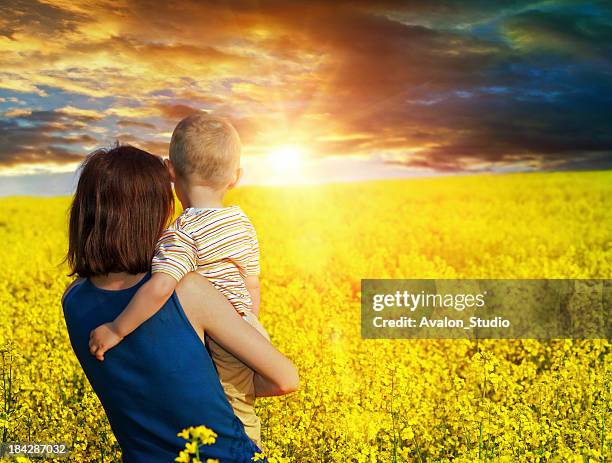 mother and son in a field - meteorology stockfoto's en -beelden