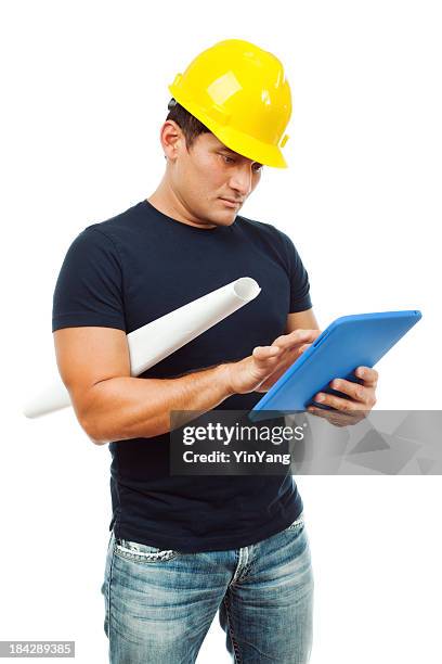 Construction Worker With Ipad On White Photos and Premium High Res ...