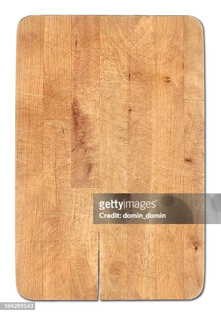 wooden bread cutting board isolated on white, knife's cuts visible - cutting board stock pictures, royalty-free photos & images