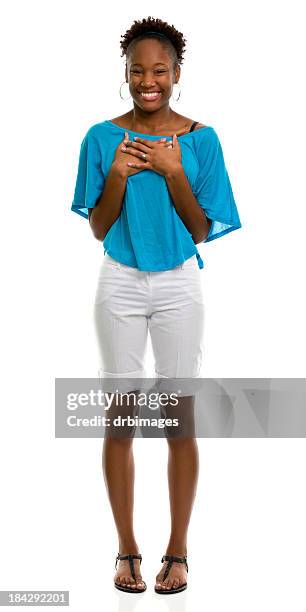 female portrait - blue shorts stock pictures, royalty-free photos & images