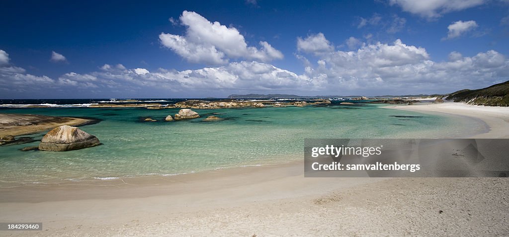 Beach view of Elephant Rocks and a blue sky