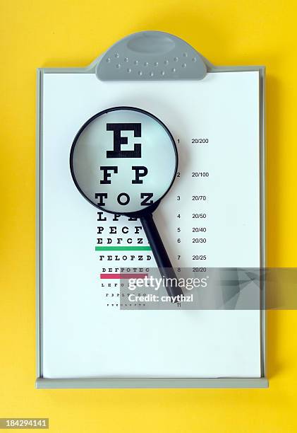 magnifying and eye chart - eye chart stock pictures, royalty-free photos & images