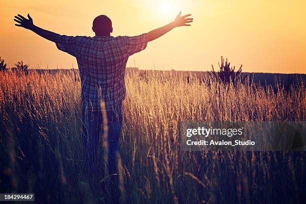 man on the meadow prays to god - miracle stock pictures, royalty-free photos & images