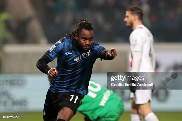 Ademola Lookman of Atalanta BC celebrates scoring their team's second goal during the Serie A TIM match between Atalanta BC and AC Milan at Gewiss...