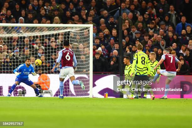 John McGinn of Aston Villa scores the opening goal during the Premier League match between Aston Villa and Arsenal FC at Villa Park on December 09,...