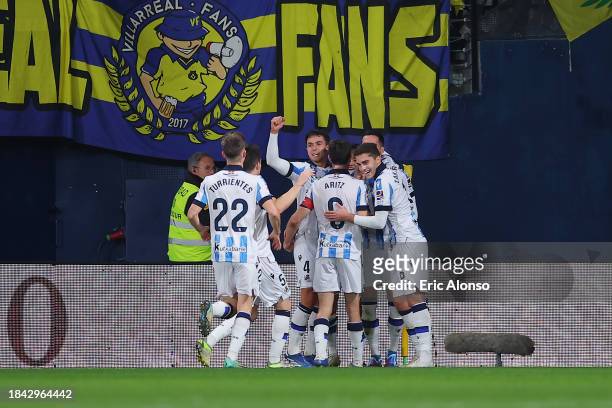 Takefusa Kubo of Real Sociedad celebrates with teammates after scoring their team's third goal during the LaLiga EA Sports match between Villarreal...