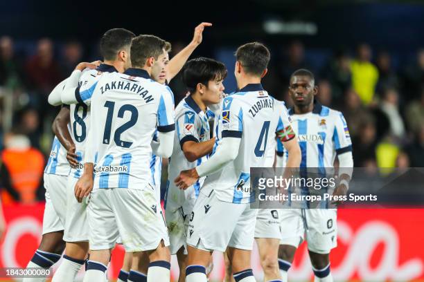Takefusa Kubo of Real Sociedad celebrates a goal with teammates during the spanish league, La Liga EA Sports, football match played between...