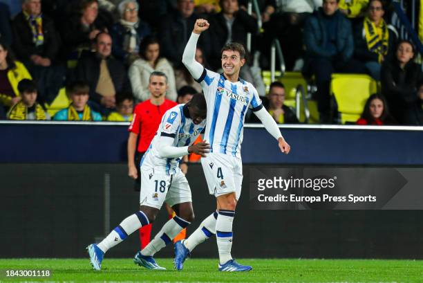 Martin Zubimendi of Real Sociedad celebrates a goal with teammates during the spanish league, La Liga EA Sports, football match played between...