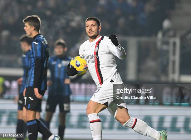 Luka Jovic of AC Milan celebrates after scoring the goal during the Serie A TIM match between Atalanta BC and AC Milan at Gewiss Stadium on December...