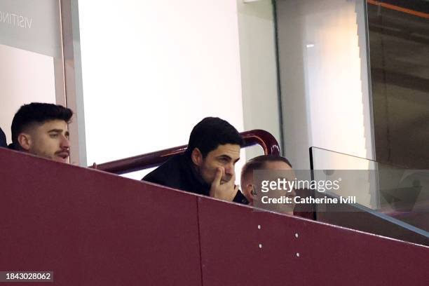 Mikel Arteta, Manager of Arsenal, watches from the stands during the Premier League match between Aston Villa and Arsenal FC at Villa Park on...