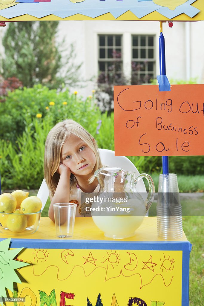 Young Business Entrepreneur with Recession Failing Lemonade Stand Vt