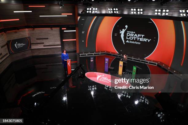 Bethany Donaphin of the WNBA announces the draft lottery picks during the 2024 WNBA Draft Lottery presented by State Farm on December 10, 2023 at...