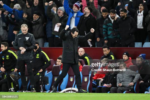 Unai Emery, Manager of Aston Villa, celebrates following the team's victory during the Premier League match between Aston Villa and Arsenal FC at...