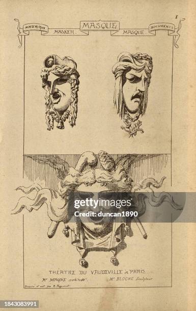 architectural decor mask, theatre, comedy, tragedy, open mouth face, history of architecture, decoration and design, art, french, victorian, 19th century - decor stock illustrations
