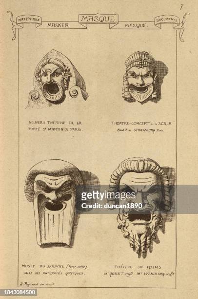 architectural decor mask, theatre, tragedy, open mouth face, history of architecture, decoration and design, art, french, victorian, 19th century - decor stock illustrations