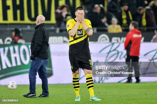 Niklas Suele of Borussia Dortmund looks dejected following the Bundesliga match between Borussia Dortmund and RB Leipzig at Signal Iduna Park on...