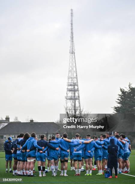 Dublin , Ireland - 12 December 2023; Leinster players huddle during a Leinster Rugby squad training session at UCD in Dublin.