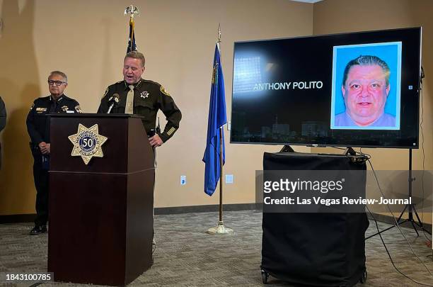 Clark County Sheriff Kevin McMahill talks to the media on Dec. 7 about the shooting at UNLV on Dec. 6, 2023. The displayed mug is that of Anthony...