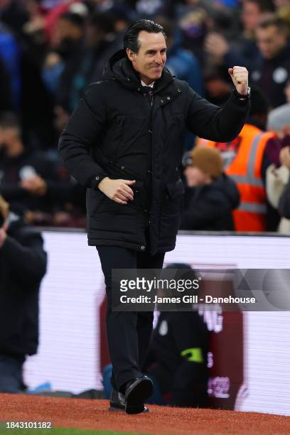 Unai Emery, manager of Aston Villa, celebrates on the final whistle during the Premier League match between Aston Villa and Arsenal FC at Villa Park...