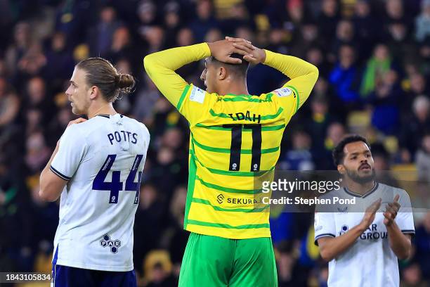 Adam Idah of Norwich City reacts after a missed goal opportunity during the Sky Bet Championship match between Norwich City and Preston North End at...