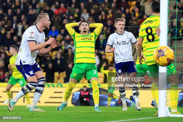 Borja Sainz of Norwich City reacts after a missed goal opportunity during the Sky Bet Championship match between Norwich City and Preston North End...