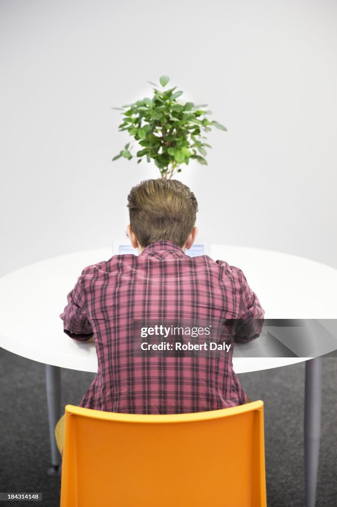 Businessman working at table with plant