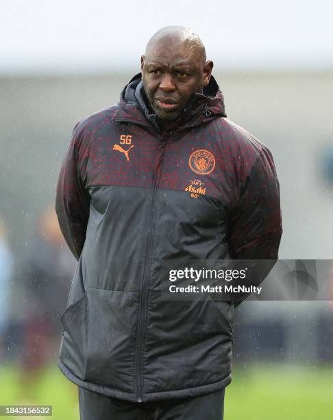 Shaun Goater, Coach of Manchester City looks on during the Barclays Women´s Super League match between Manchester City and Aston Villa at Manchester...