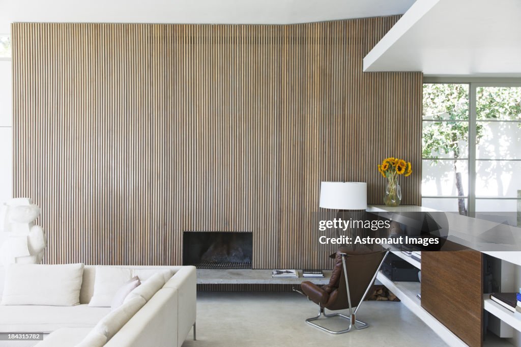 Wooden wall of modern living room