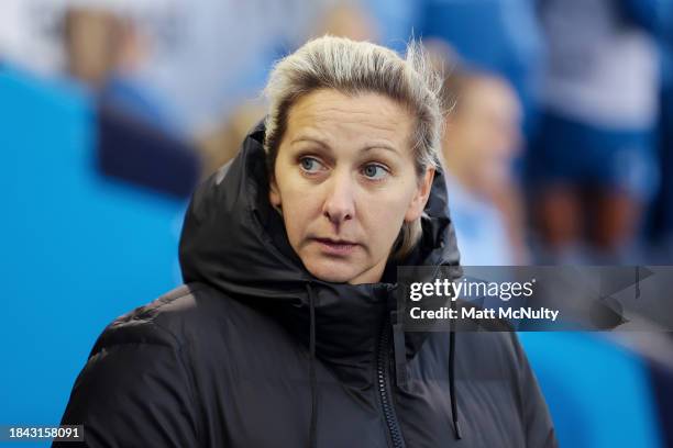Carla Ward, Manager of Aston Villa looks on prior to the Barclays Women´s Super League match between Manchester City and Aston Villa at Manchester...