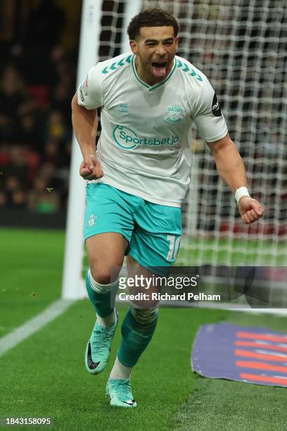 Che Adams of Southampton celebrates during the Sky Bet Championship match between Watford and Southampton FC at Vicarage Road on December 09, 2023 in...