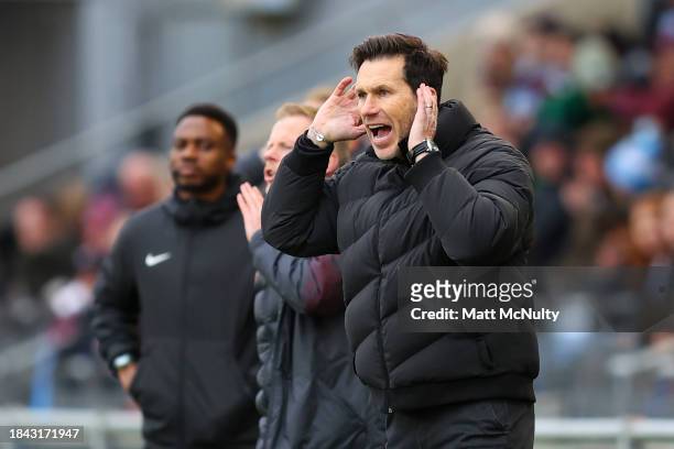 Gareth Taylor, Manager of Manchester City, gives the team instructions during the Barclays Women´s Super League match between Manchester City and...
