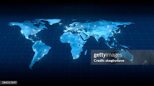 earth map city lights top view - digitally generated image world map stock pictures, royalty-free photos & images