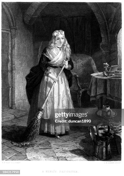 stockillustraties, clipart, cartoons en iconen met king's daughter - 19th century woman sweeping with a broom