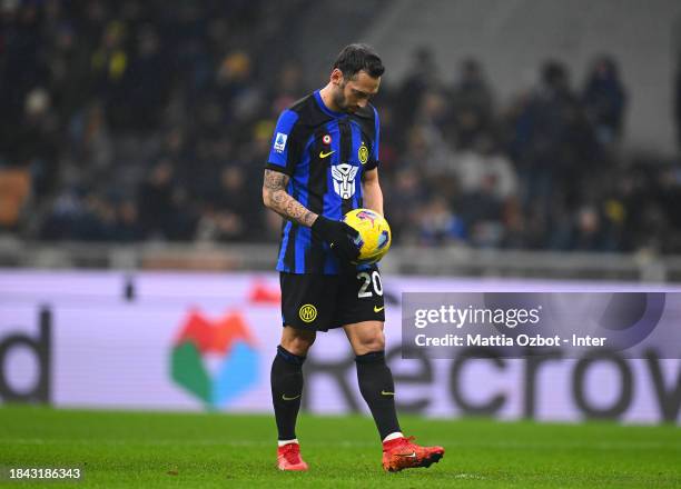 Hakan Calhanoglu of FC Internazionale prepares to a penalty kicks during the Serie A TIM match between FC Internazionale and Udinese Calcio at Stadio...