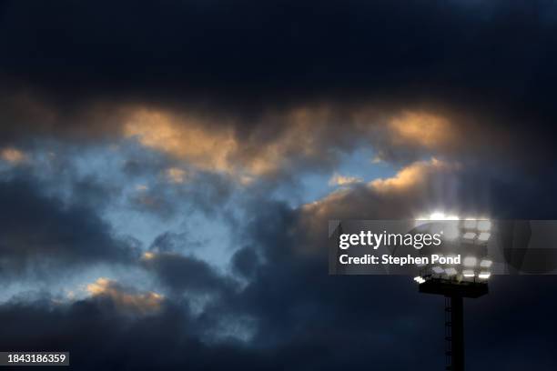 View of stadium floodlights as storm clouds gather above during the Sky Bet Championship match between Norwich City and Preston North End at Carrow...