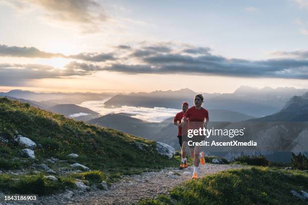 trail runners bound along mountain meadow - garmisch partenkirchen stock pictures, royalty-free photos & images