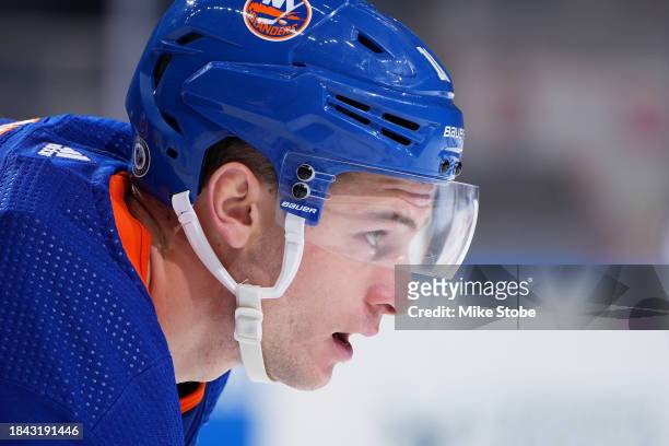Julien Gauthier of the New York Islanders in action against the San Jose Sharks at UBS Arena on December 05, 2023 in Elmont, New York. San Jose...