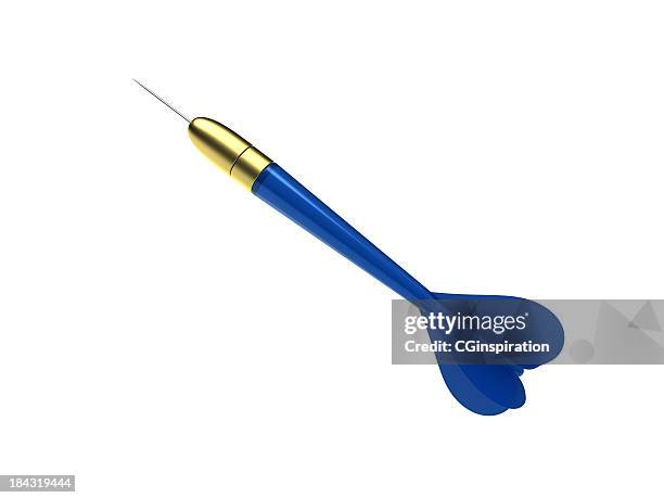 a blue dart finding a target isolated on white - darts stockfoto's en -beelden
