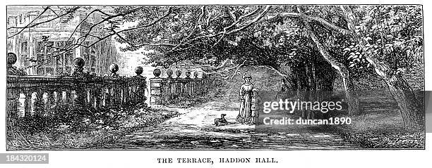 the terrace at haddon hall - english country garden stock illustrations
