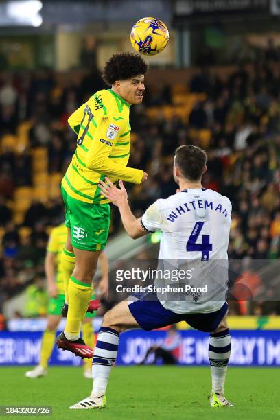 Gabriel Sara of Norwich City and Ben Whiteman of Preston North End compete for the ball during the Sky Bet Championship match between Norwich City...