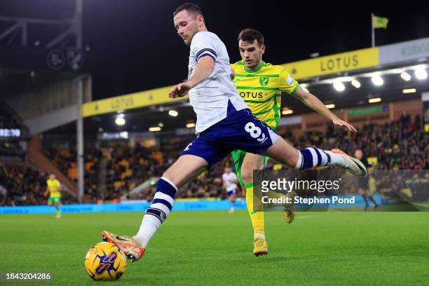 Liam Gibbs of Norwich City and Alan Browne of Preston North End compete for the ball during the Sky Bet Championship match between Norwich City and...