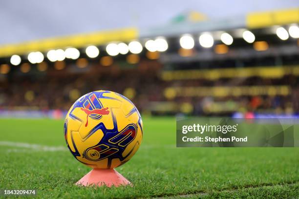 Match ball is seen during the Sky Bet Championship match between Norwich City and Preston North End at Carrow Road on December 09, 2023 in Norwich,...