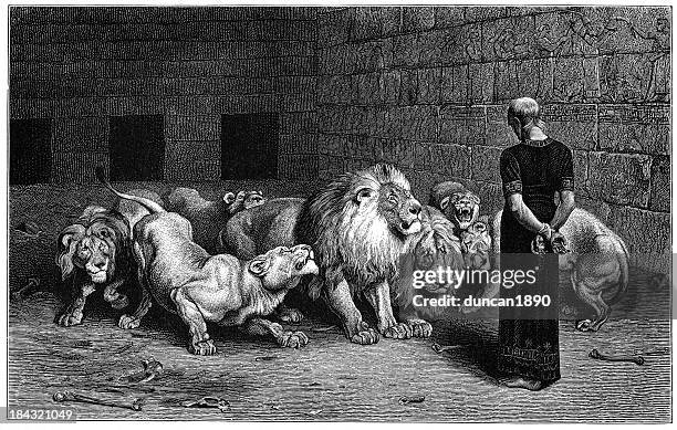 bildbanksillustrationer, clip art samt tecknat material och ikoner med daniel in the lions den - religiös illustration