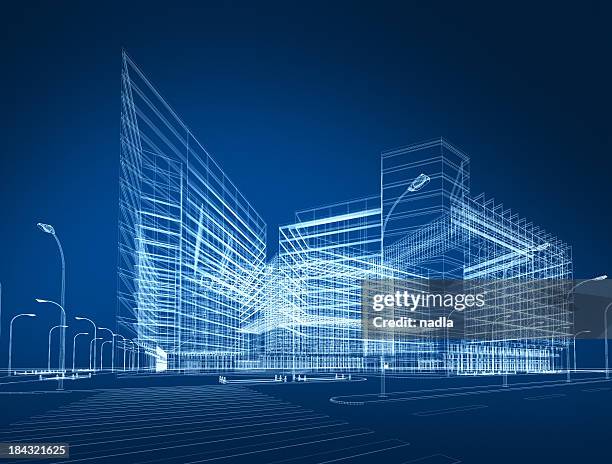 3d architecture abstract - commercial building wireframe stock pictures, royalty-free photos & images