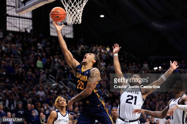 Jaylon Tyson of the California Golden Bears takes a shot in over time in the game against the Butler Bulldogs at Hinkle Fieldhouse on December 09,...