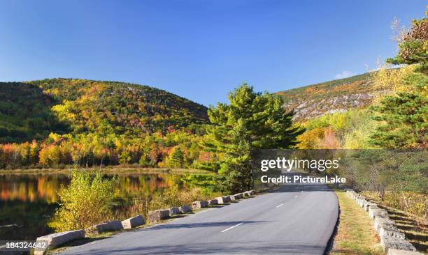 beaver dam pond and park loop road panorama, acadia - maine road stock pictures, royalty-free photos & images