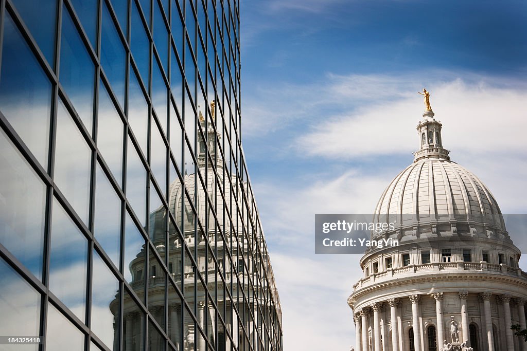Wisconsin State Capitol Dome Reflecting in Steel and Glass Building