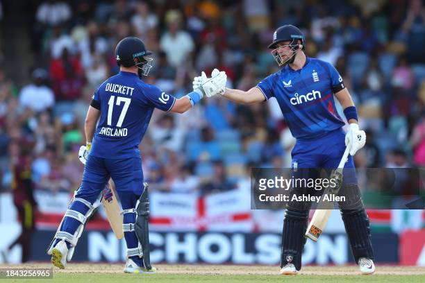 Liam Livingstone and Ben Duckett of England build a partnership during the third CG United One Day International match between West Indies and...