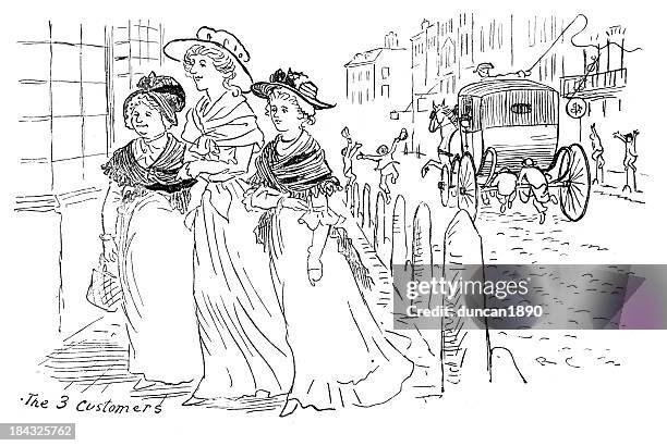 regency ladies out shopping - jane austen stock illustrations