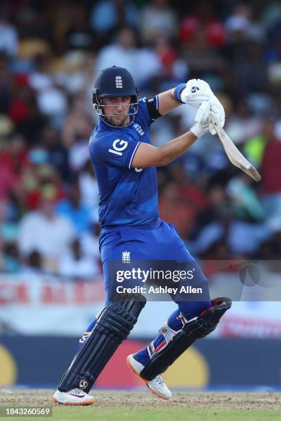 Liam Livingstone of England bats during the third CG United One Day International match between West Indies and England at Kensington Oval on...